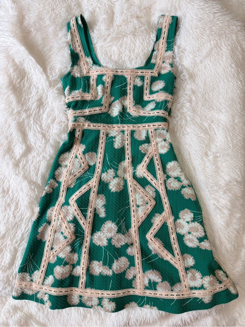 Anthropologie Maeve Green Floral Knit A-Line Dress with Cream Trim - Picture 1 of 4